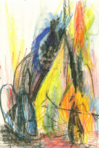 "Костёр" 1989, бумага, масляная пастель, тушь, перо. 20х31